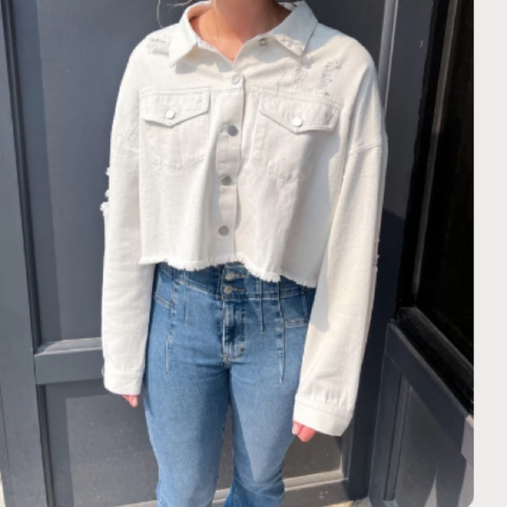 Star Rhinestone Fringe Denim Jacket - White side M - Picture 10 of 10
